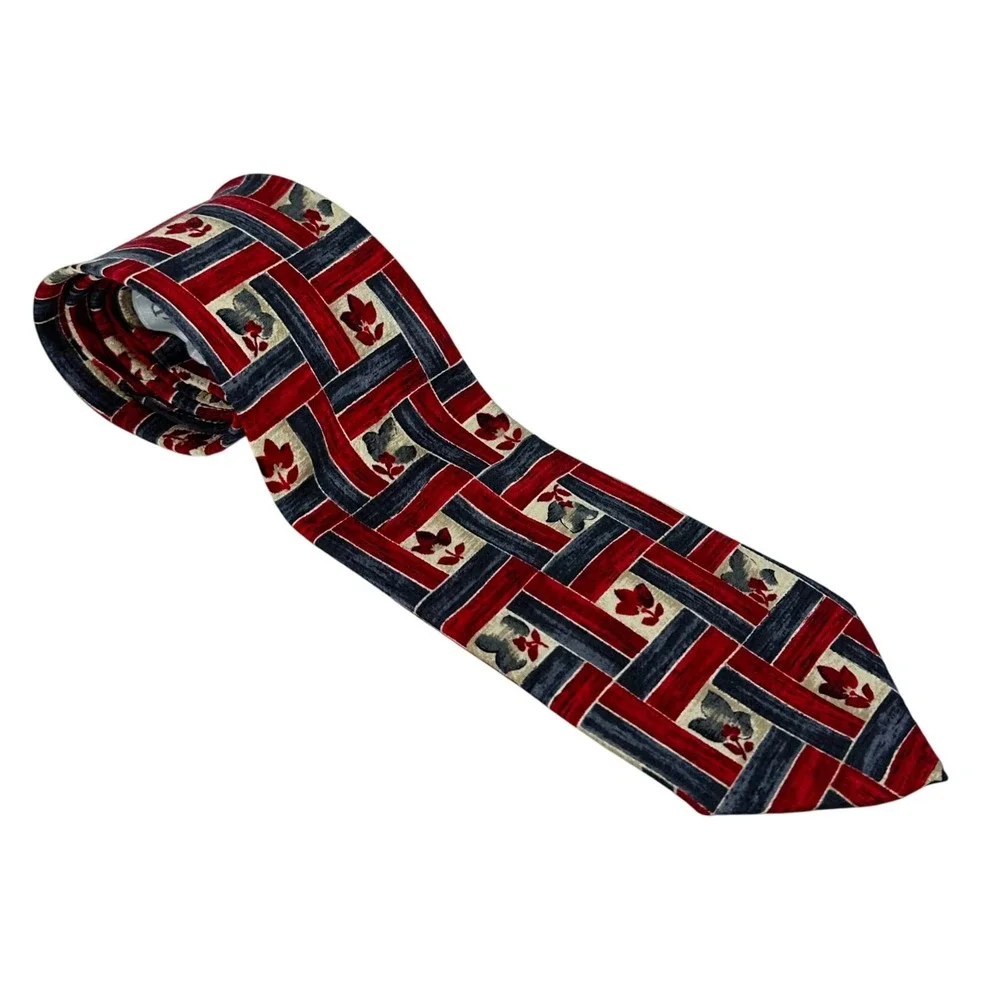 Ermenegildo Zegna 100% Silk Tie Red Black Tan Geometric Leaf Floral Pattern Mens